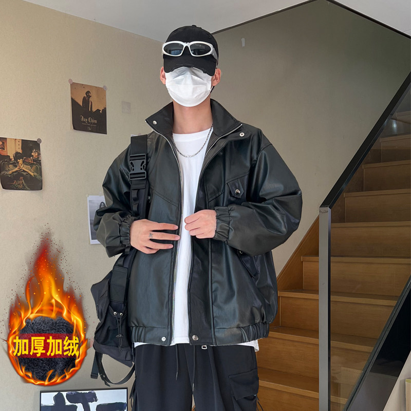 XZ413HW233-P100-2025秋装新款加绒机车PU时尚休闲潮流皮夹克外套，男装夹克，星座413（原星座105C）