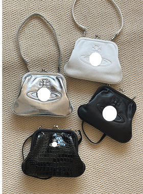 W3小众土星鳄鱼纹夹子包银色黑色小众真皮链条质感手提单肩腋下包