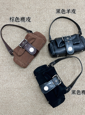 W3Studio秋冬小众土星褶皱皮带扣麂皮黑色手提单肩牛皮通勤腋下包