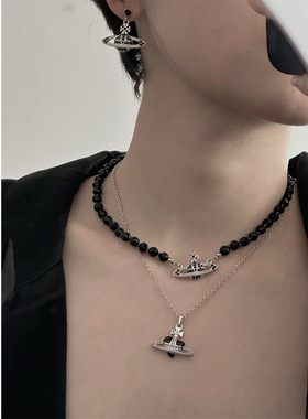 土星黑玛瑙项链手链歪爱心链条颈链叠戴欧美小众辣妹风潮流饰品女