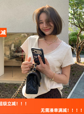HLY春新款休闲百搭V领轻薄软糯T恤竹节棉磨毛破边大领口短袖tee女