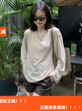 HLY春夏款慵懒显瘦麻点圆领落肩袖打底百搭轻薄宽松亚麻透气T恤女