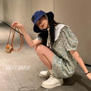 甜美花园假日百搭拼领碎花女娃娃舒适半袖显瘦宽松法式连衣裙