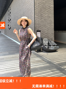 HLY夏款舒适贵妇宽松百搭圆领长裙 优雅百搭印花无袖碎花连衣裙女