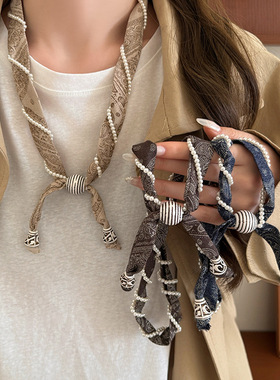 法式腰果花布艺文艺洋气挂脖配饰珍珠缠绕丝巾系脖项链艺术毛衣链