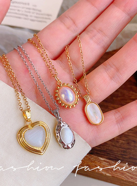 复古港风猫眼椭圆爱心吊坠细项链女优雅高级感巴洛克风气质锁骨链