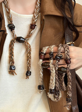 美拉德复古毛衣链咖色串珠毛线编织项链女波西米亚民族风独特项圈
