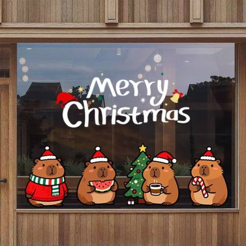 圣诞节装饰玻璃贴纸餐厅窗花卡皮巴拉快乐商场店铺静电玻璃门贴纸
