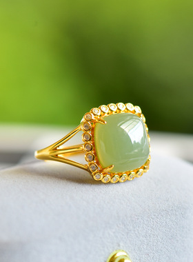 新款s925银镶嵌和田玉几何型个性开口戒指和田玉青海青戒指