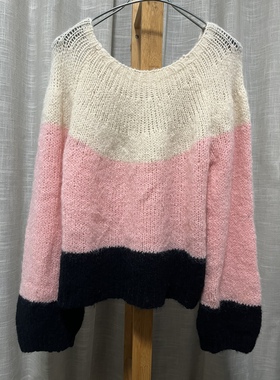 出口欧美马海毛混纺米白粉黑色针织毛衣女式长袖圆领宽松休闲少女