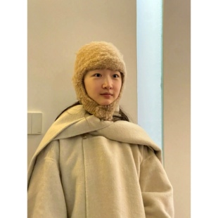 周冬雨微博同款手工编织毛线帽子秋冬季保暖护耳针织围脖帽子一体