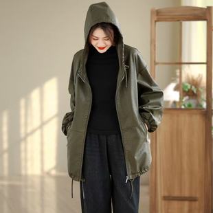 2026年春款皮衣外套女连帽中长款外套上衣宽松休闲韩版外套慵懒风