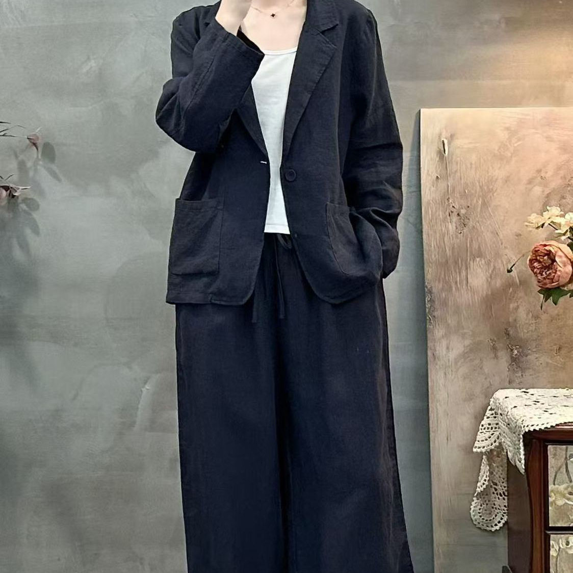 2026年春款套装女纯亚麻宽松休闲韩版亲肤薄款慵懒风长袖长裤套装