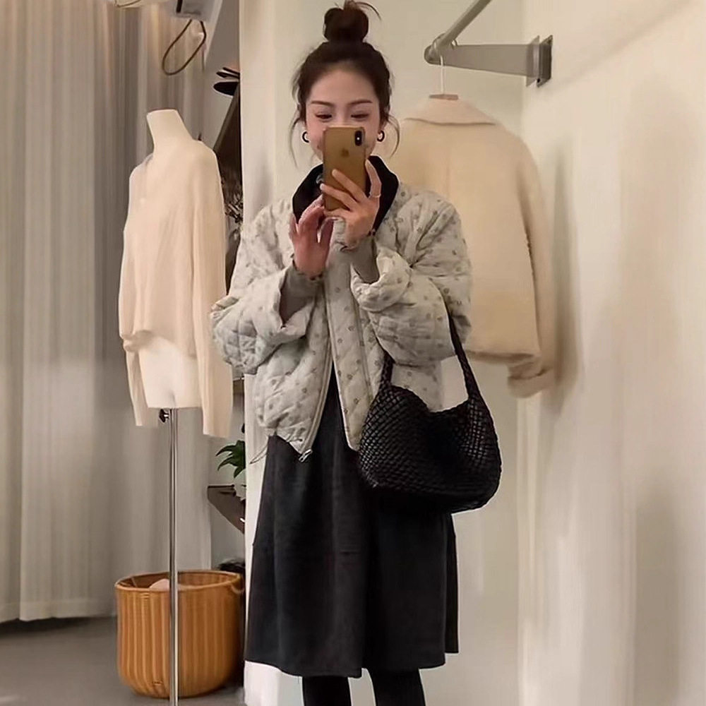 韩版撞色翻领碎花棉服女2025冬季新款短款加厚保暖显瘦减龄外套潮