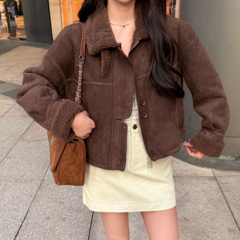短款加绒加厚麂皮绒毛毛外套女冬装新款2025年韩版小个子宽松