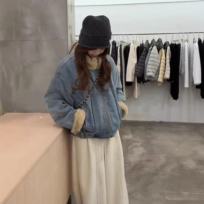 韩版复古毛领拼接牛仔加绒加厚短外套女2025冬季新款百搭保暖上衣