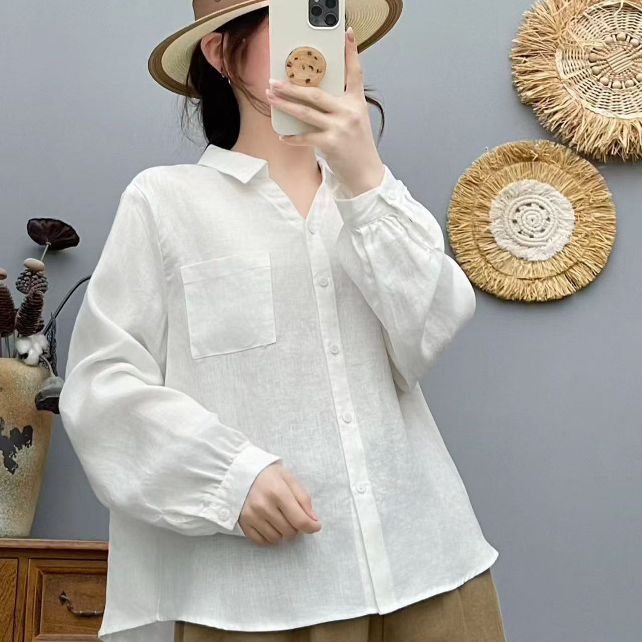 2026年春款衬衫长袖女尖领口袋亚麻衬衣上衣宽松休闲韩版衬衫薄款