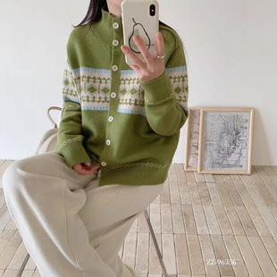25秋冬毛衣新款慵懒风软糯宽松针织衫女圆领外套韩版宽松提花毛衣