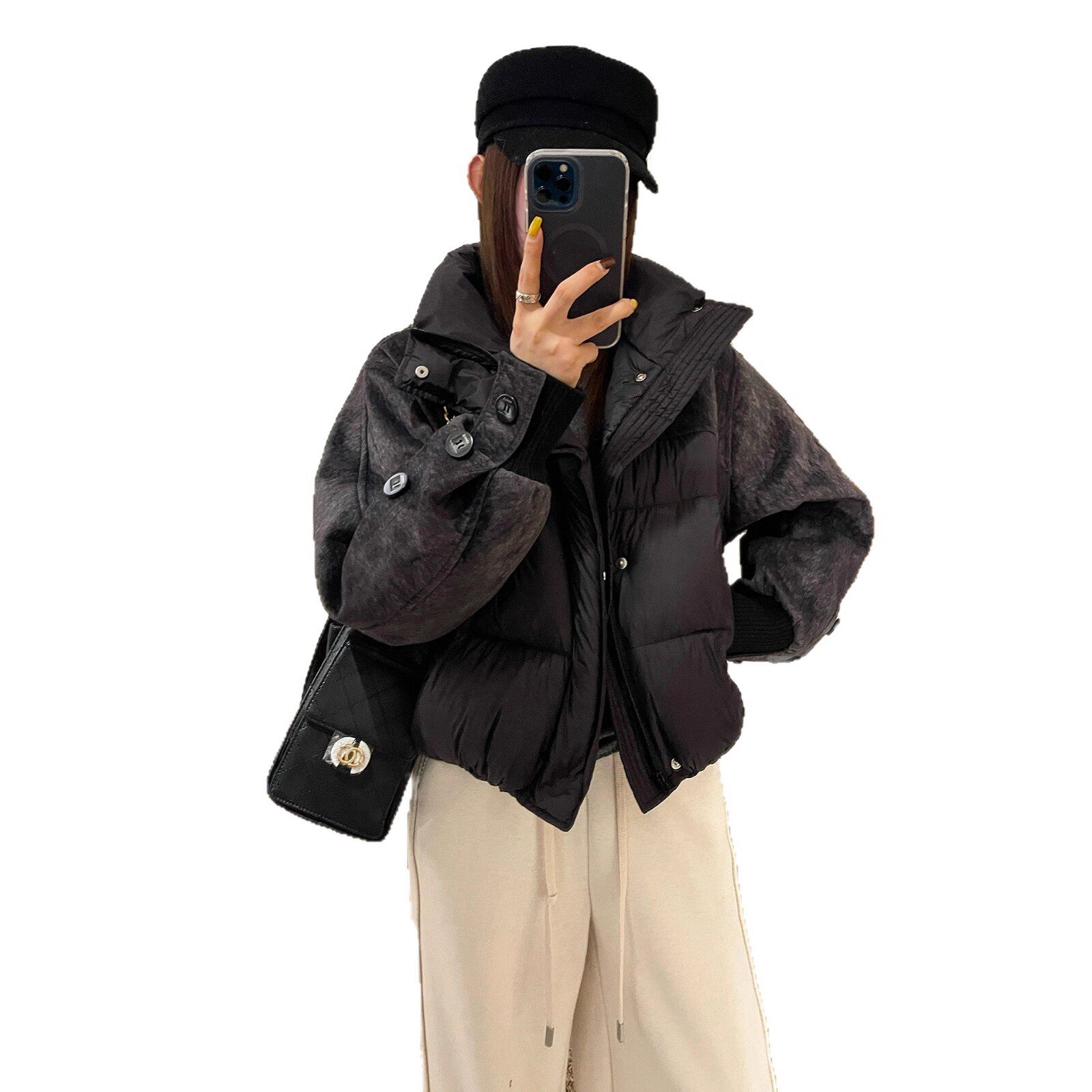假两件拼接羽绒服外套女欧洲站2025冬装新款欧货女装面包服外套潮
