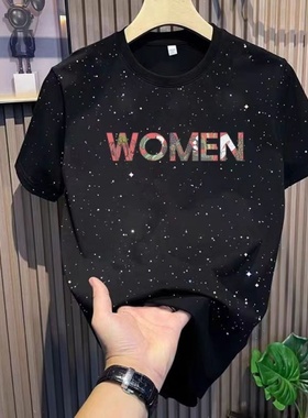 外贸余货满天星黑色短袖T恤男潮牌高街印花圆领纯棉上衣宽松百搭