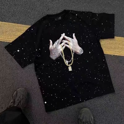 外贸余货100%纯棉美式满天星印花短袖T恤男宽松圆领休闲潮流百搭