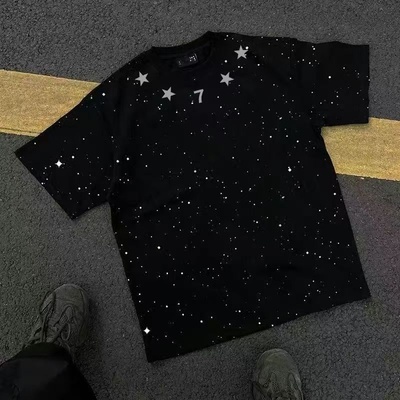 外贸余货美式满天星短袖T恤男宽松圆领亮片设计感百搭上衣纯棉