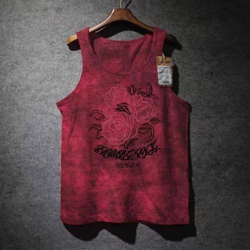 外贸尾货余货100%纯棉美式复古玫瑰印花背心男女夏季宽松潮牌无袖