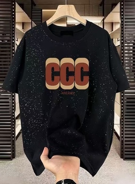 外贸余货潮牌字母印花短袖T恤男黑色圆领宽松休闲纯棉上衣潮酷