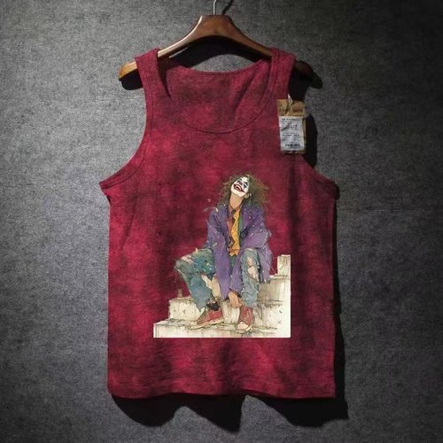 外贸尾货余货100%纯棉美式潮流小丑印花扎染背心男夏季宽松圆领