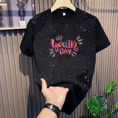 外贸余货潮牌短袖t恤男士夏季ins风满天星印花宽松百搭纯棉T恤