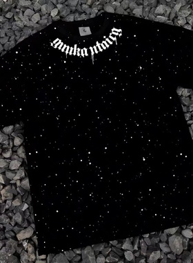 外贸余货夏款黑色满天星短袖T恤男夏季新款宽松潮牌印花纯棉上衣