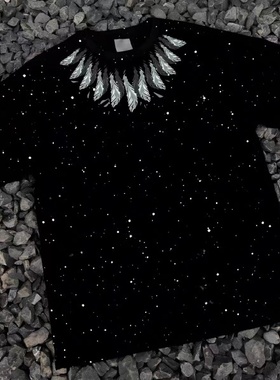 外贸余货个性羽毛印花满天星亮片短袖T恤男宽松黑色潮流上衣夏季