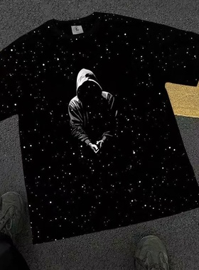 外贸余货高街风满天星印花短袖T恤男黑色纯棉宽松潮牌百搭上衣