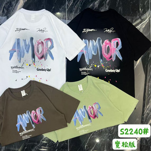 外贸余货 T恤男宽松圆领街头风 尾货清仓捡漏100%纯棉字母印花短袖