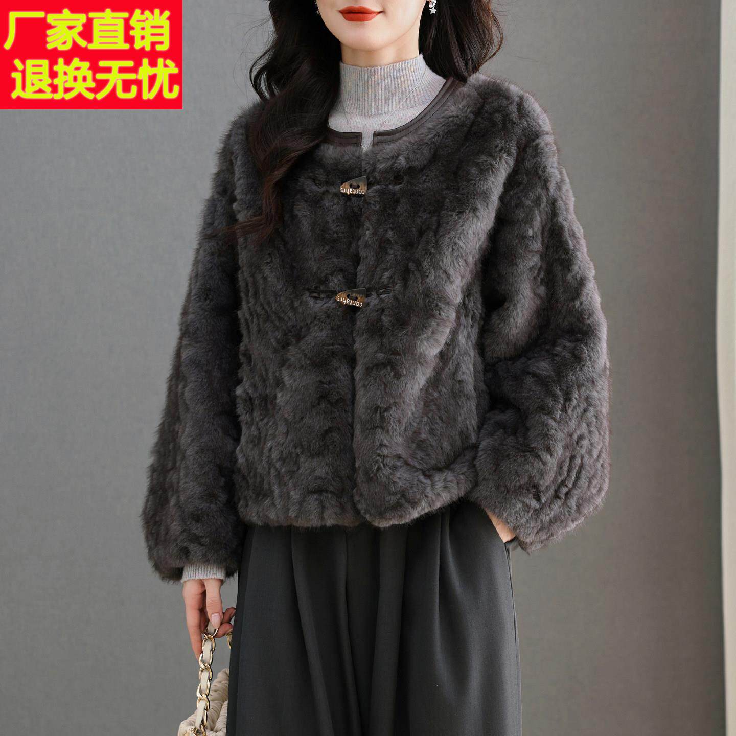水貂绒皮草大衣外套女开衫圆领短款高腰小个子卡腰2025新款秋冬装