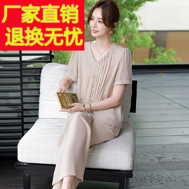 妈妈夏季洋气真丝套装国风中老年女装两件套桑蚕丝上衣裤子奶奶装