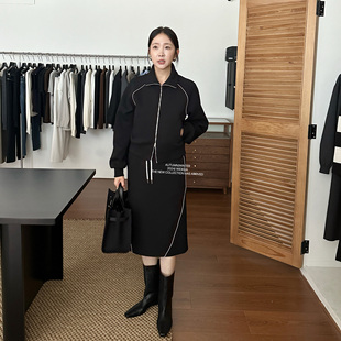 widelia陈魅儿2024秋季新款松紧腰半身裙+翻领双拉链外套两件套女