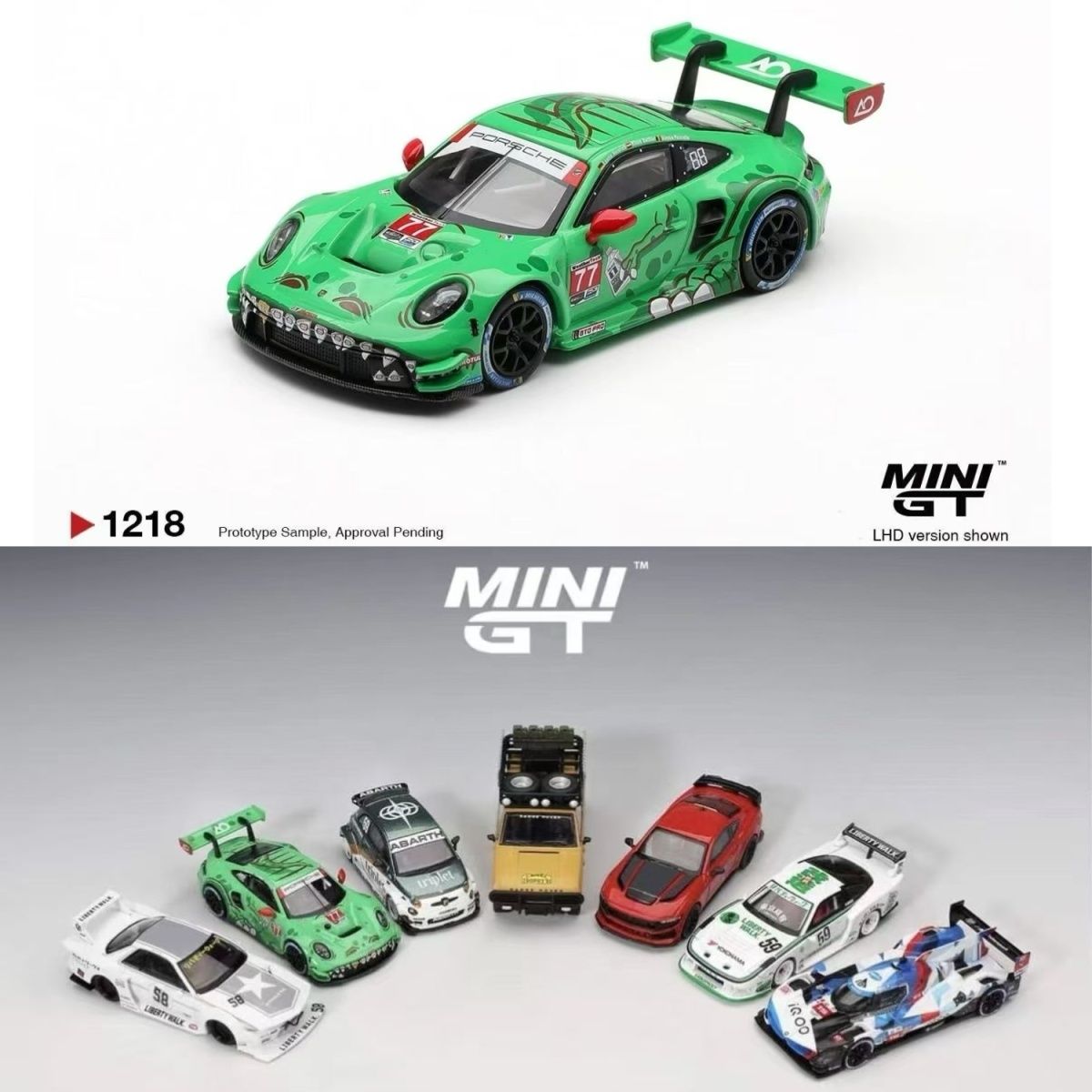 MINIGT1218绿恐龙涂装保时捷911GT3赛车1/64合金车模型收藏摆件图片