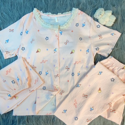 HelloKitt短袖三件套带胸垫睡衣女夏季新款甜美可爱宽松家居服
