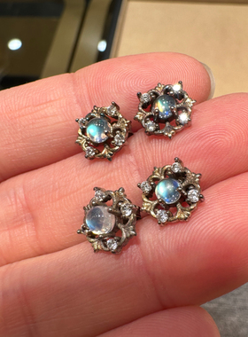 925银镶嵌天然月光石耳钉做旧款复古可抛光增亮230007