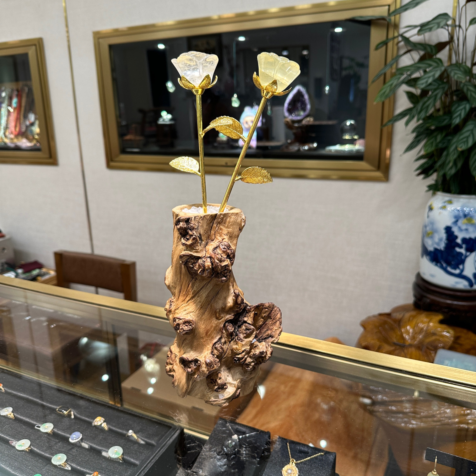 天然黄水晶白水晶原木实木玫瑰花摆件桌面