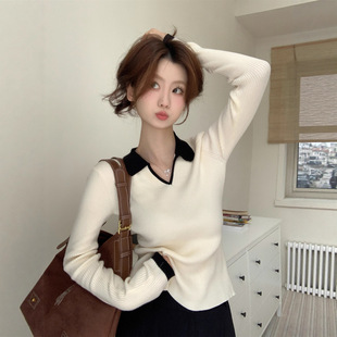 高级感polo领坑条针织上衣女2025春季新款小众撞色绝美内搭打底衫