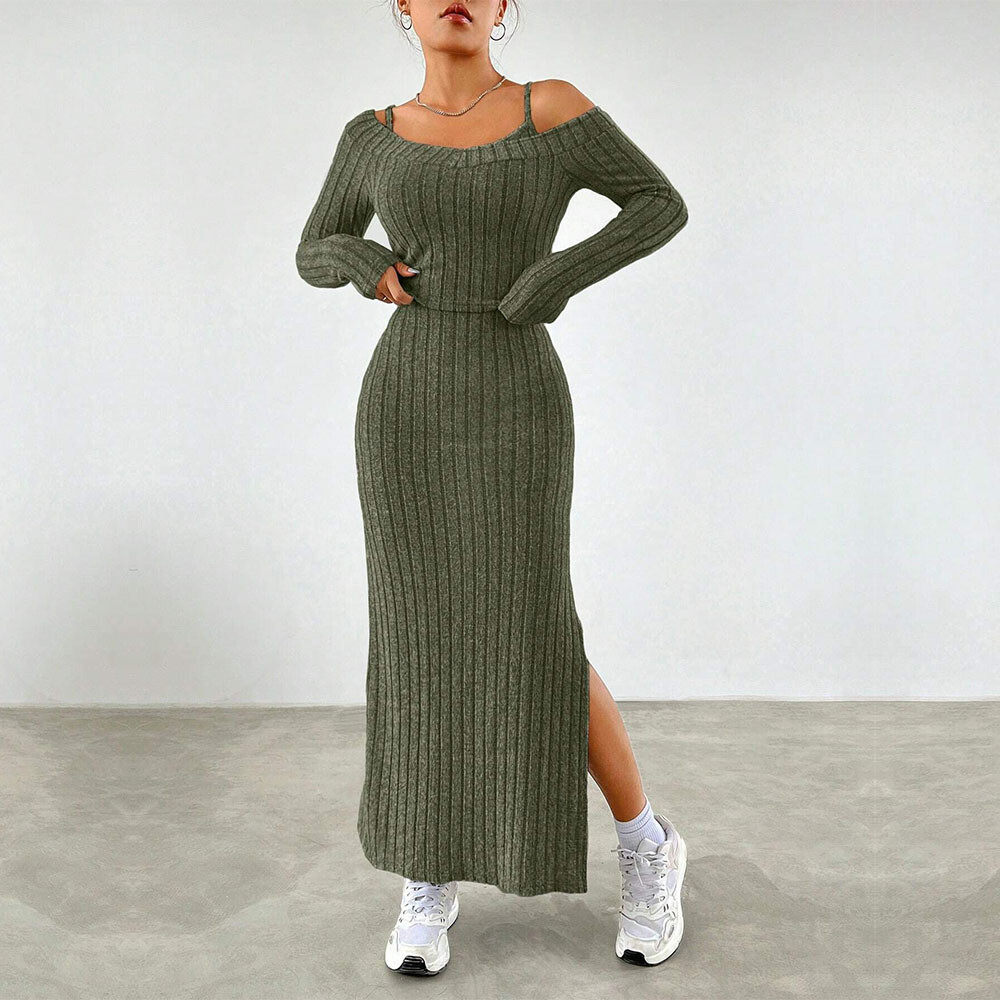 速卖通外贸跨境女装简约优雅时尚套装秋冬通勤风吊带连衣裙两件套