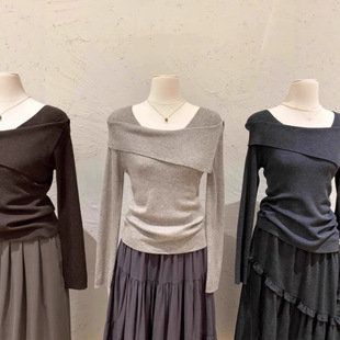 纯欲简约一字肩针织衫长袖女春秋季高级感修身毛衣内搭打底衫上衣