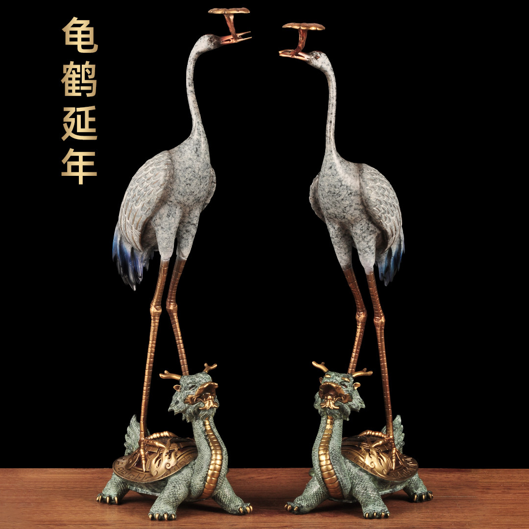 彩铜龟鹤延年仙鹤摆件一对龙龟