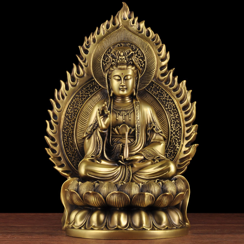 全铜观音摆件带背光观世音菩萨坐莲观音像家用寺庙佛堂供奉工艺品