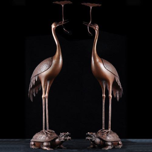 紫铜龟鹤摆件一对特大铜龙龟松鹤