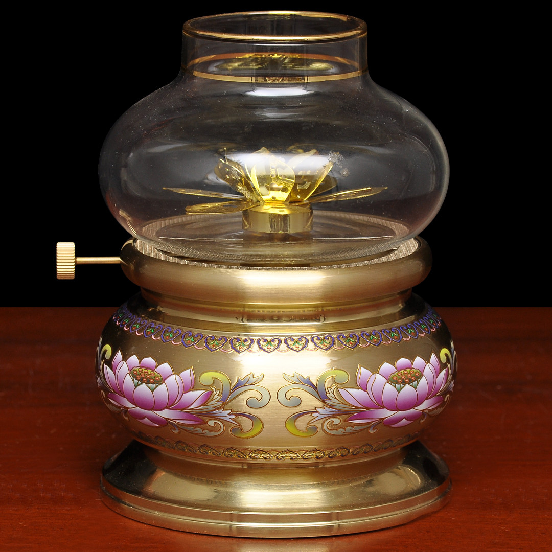黄铜素面莲花油灯酥油灯家用寺庙佛堂供佛油灯长明灯佛灯防风灯座