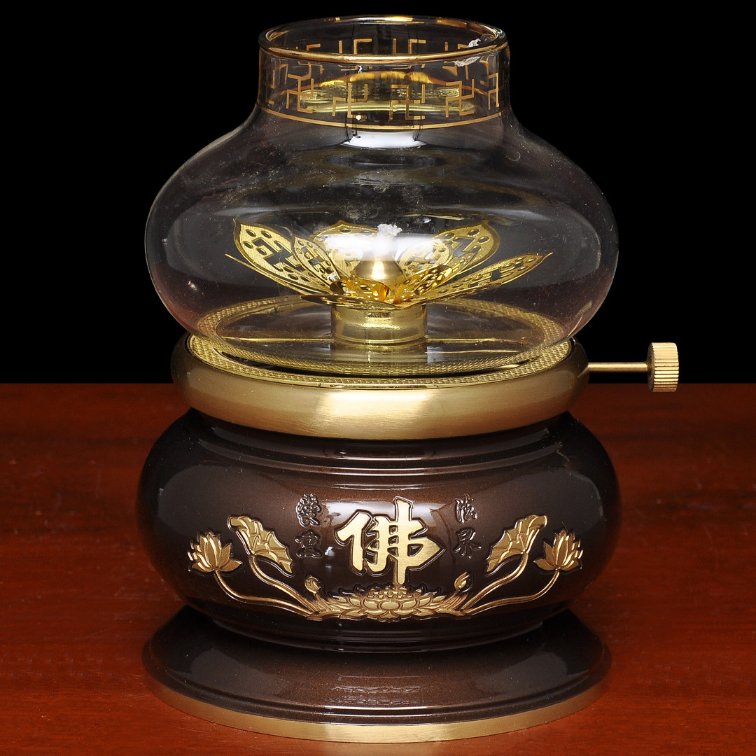 黄铜深啡佛字调光油灯酥油灯防风灯座长明灯家用寺庙佛堂供佛油灯
