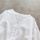 夏季 多包扣设计纯棉白色短袖 通勤风精致花边刺绣V领 衬衫 女夏季